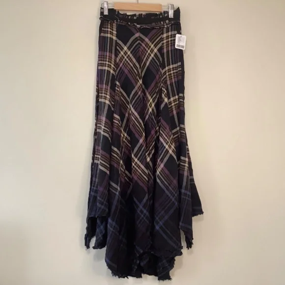 Free People Ombré Dip-dyed Plaid Maxi Skirt Frayed Hem Purple Red Black - Picture 5 of 7